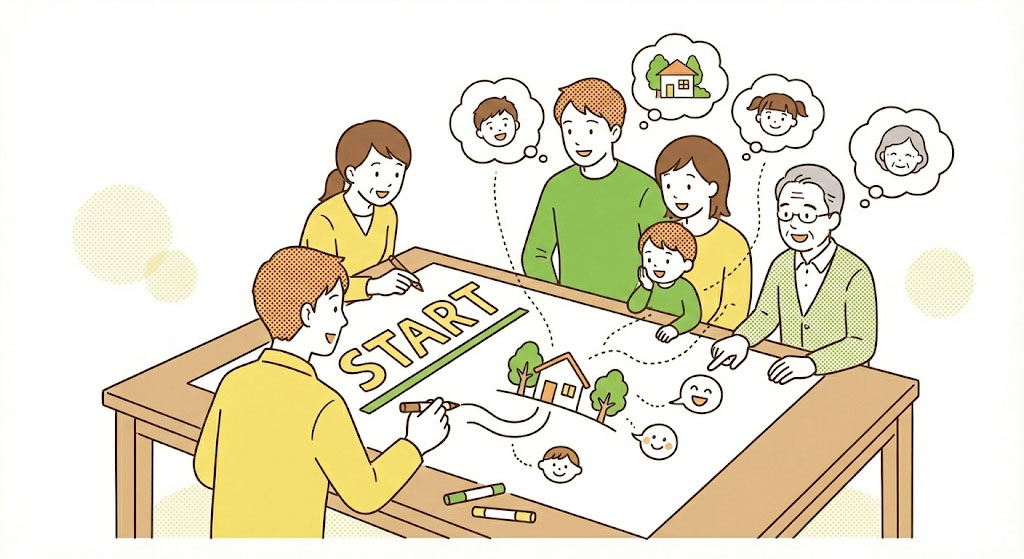 家族全員でスタートラインを揃えるイラスト