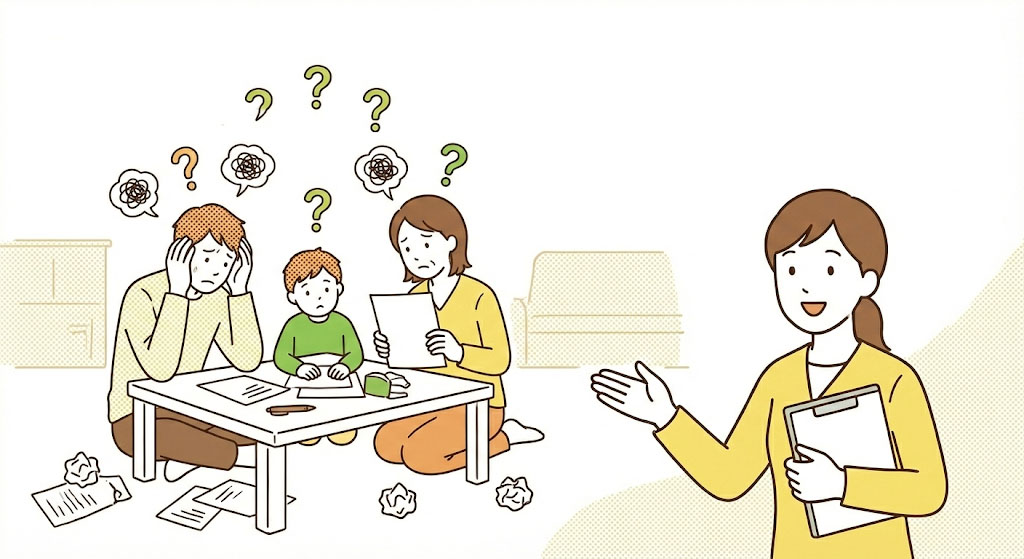 悩む家族と案内するタローさんのイラスト